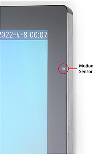 Digital mirror advertising display with motion sensor that adjusts display size