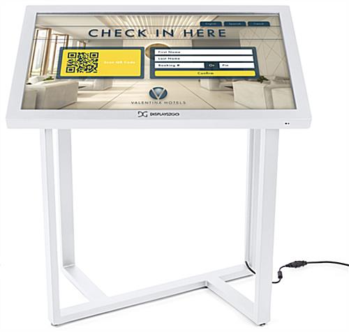 Interactive touch screen kiosk with sleek geometric base 
