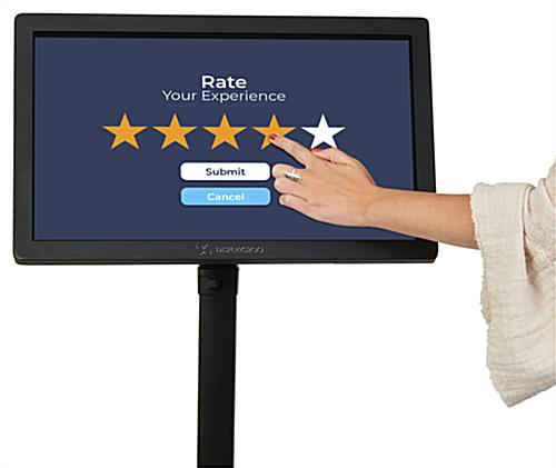 The 22" Touch Kiosk has a Rotating Interactive Digital Screen as shown by a woman's finger touching the screen
