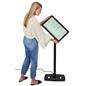 Woman rotating the screen on the 22" touch screen adjustable height kiosk from landscape to portrait orientation