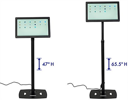 Two 22" touch screen kiosks side by side to show the stand height range of 47" - 65.5"