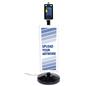 Contactless temperature scanning kiosk with custom signage detects anywhere from 95.5 to 107.6 degrees