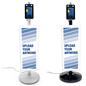 Contactless temperature scanning kiosk with custom signage offered in silver and black floor standing base