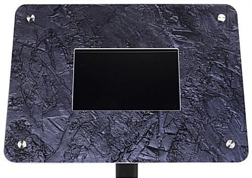 Small digital display stand includes graphic granite look frame