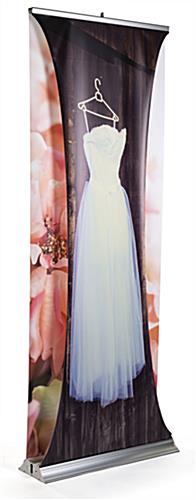 3D layered roll up banner stand features dual retractable panels