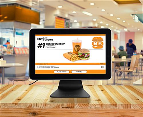 Touch Screen Countertop Digital Kiosk with Adjustable Screen on the Counter of a Burger Restaurant