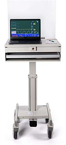 Medical laptop cart with acrylic sneeze guard with counter space for electronics and work essentials 