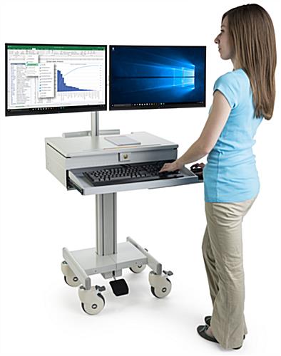 Dual Monitor Medical Cart with Keyboard & Mouse Tray