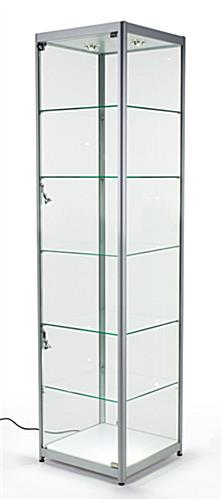 Displays2go Glass Tower Showcase, 5 Adjustable Shelves, Wheels, LED Light, Silver (153CPLEDSL