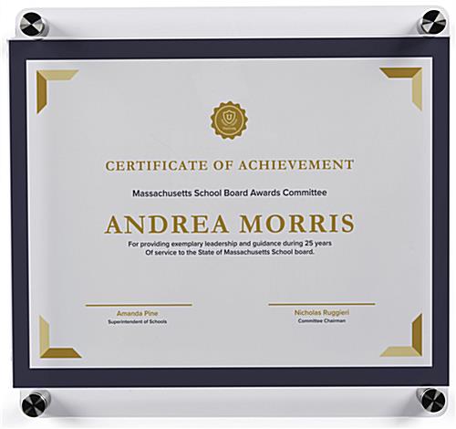 Acrylic wall mount sign holder with  standoffs accommodates portrait and landscape display options