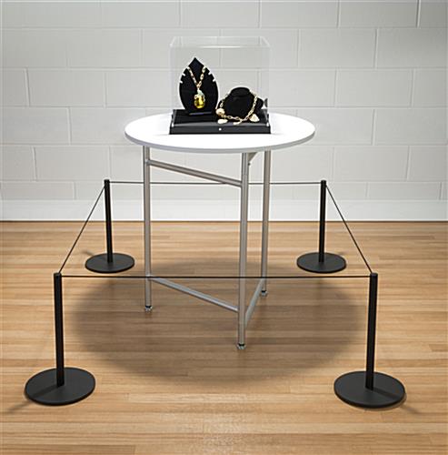 6-Stanchion Black Low Profile Barrier System Surrounding Jewelry in a Display Case