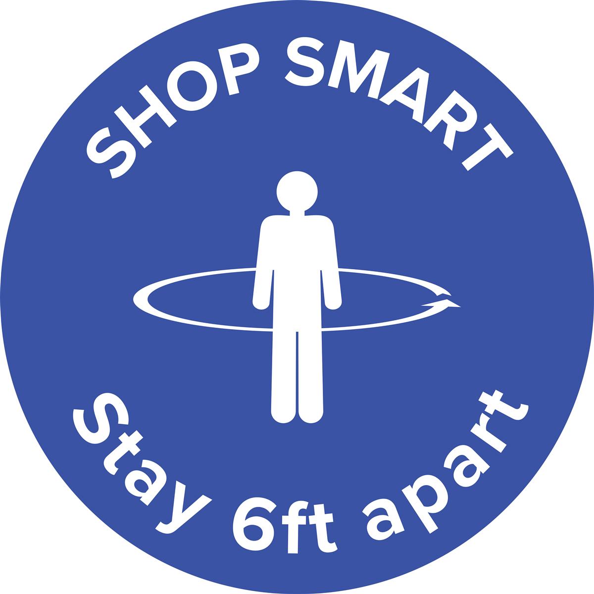 Blue physical distancing "shop smart" floor decal