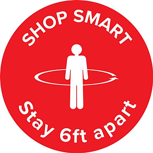 Bright red physical distancing "shop smart" floor decal