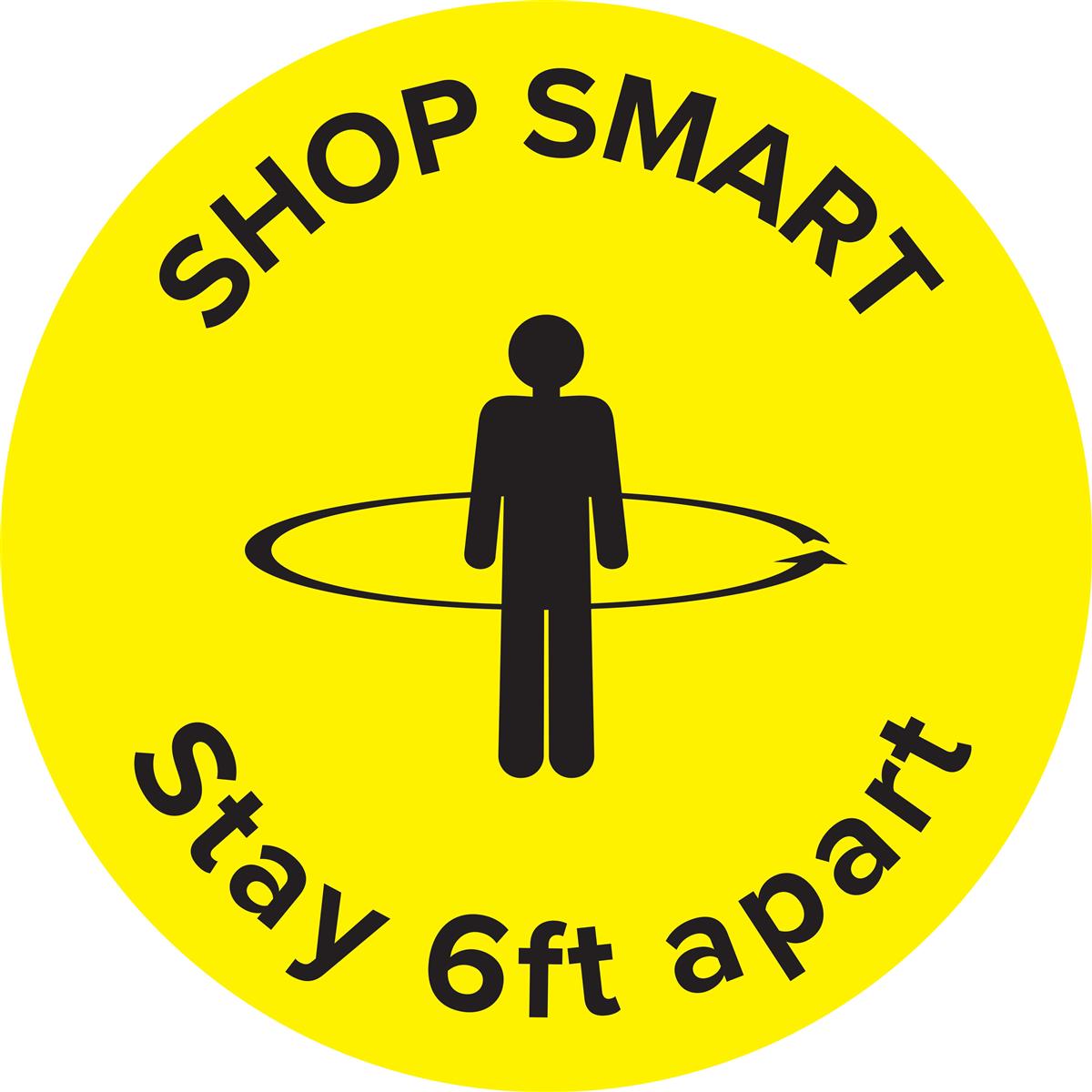 Bright yellow physical distancing "shop smart" floor decal