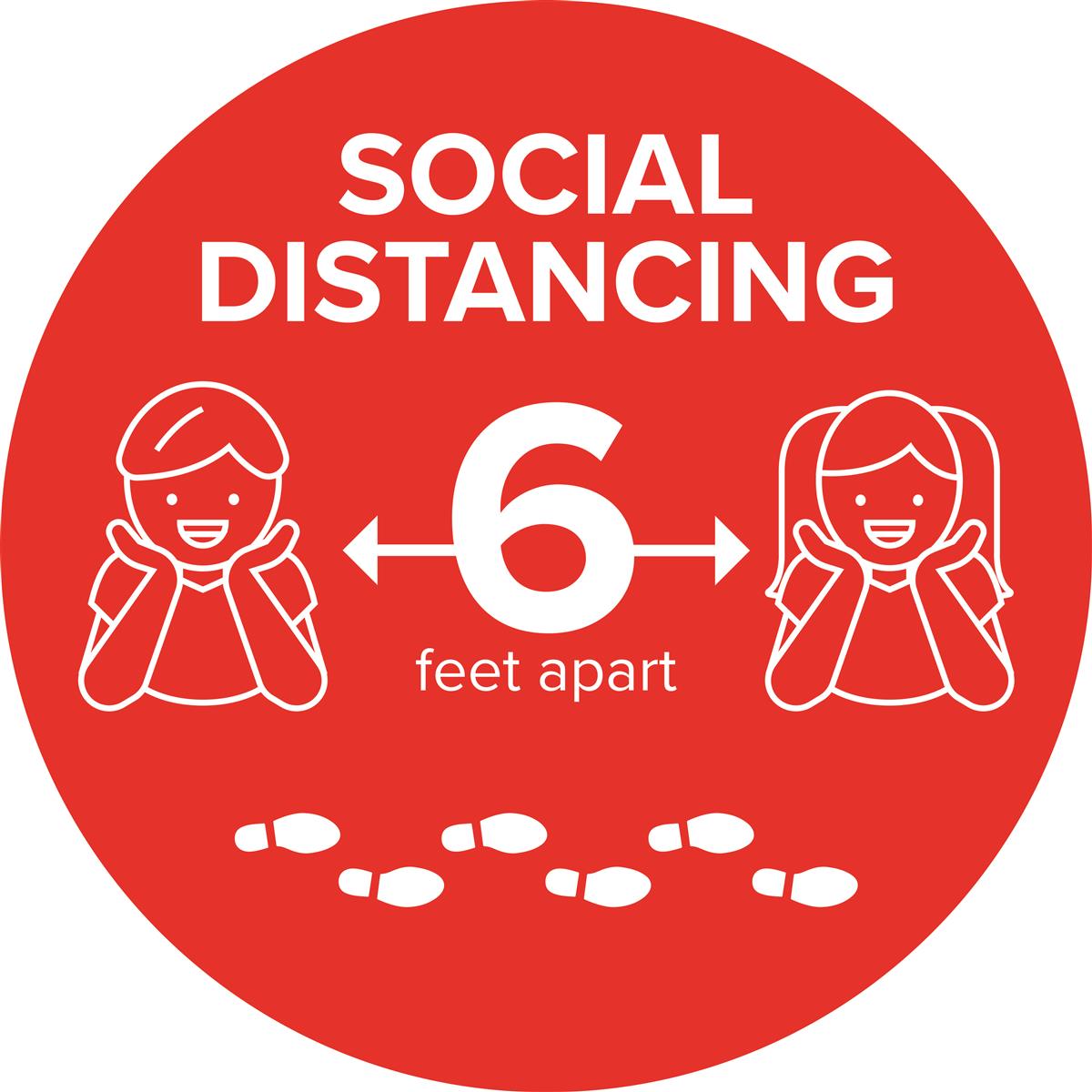 Red Safe distance vinyl floor graphic with pre-designed artwork 