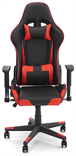 Racing style office chair features adjustable headrest and lumbar support