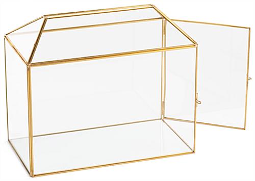 Gold and glass gift card box with hinged side panel 
