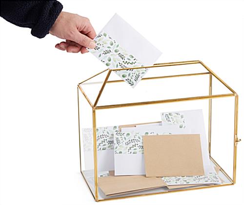 Gold and glass gift card box with top loading insert slot 