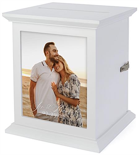 White card box with photo frame and metal latch closure 