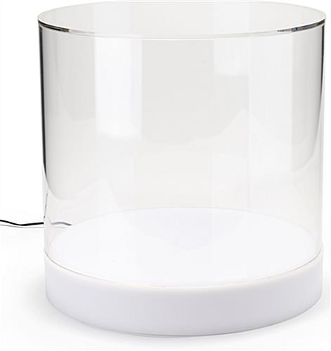 LED illuminated cylinder display case with easy to remove acrylic top 
