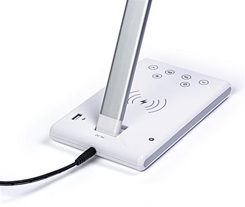 Branded phone charging task lamp with modern base