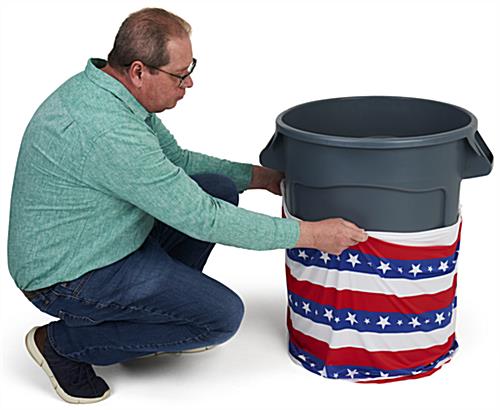 American flag trash can stretch wrap with elastic ends