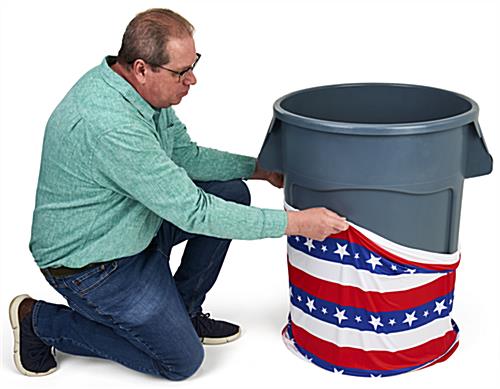 Machine washable American flag trash can stretch wrap