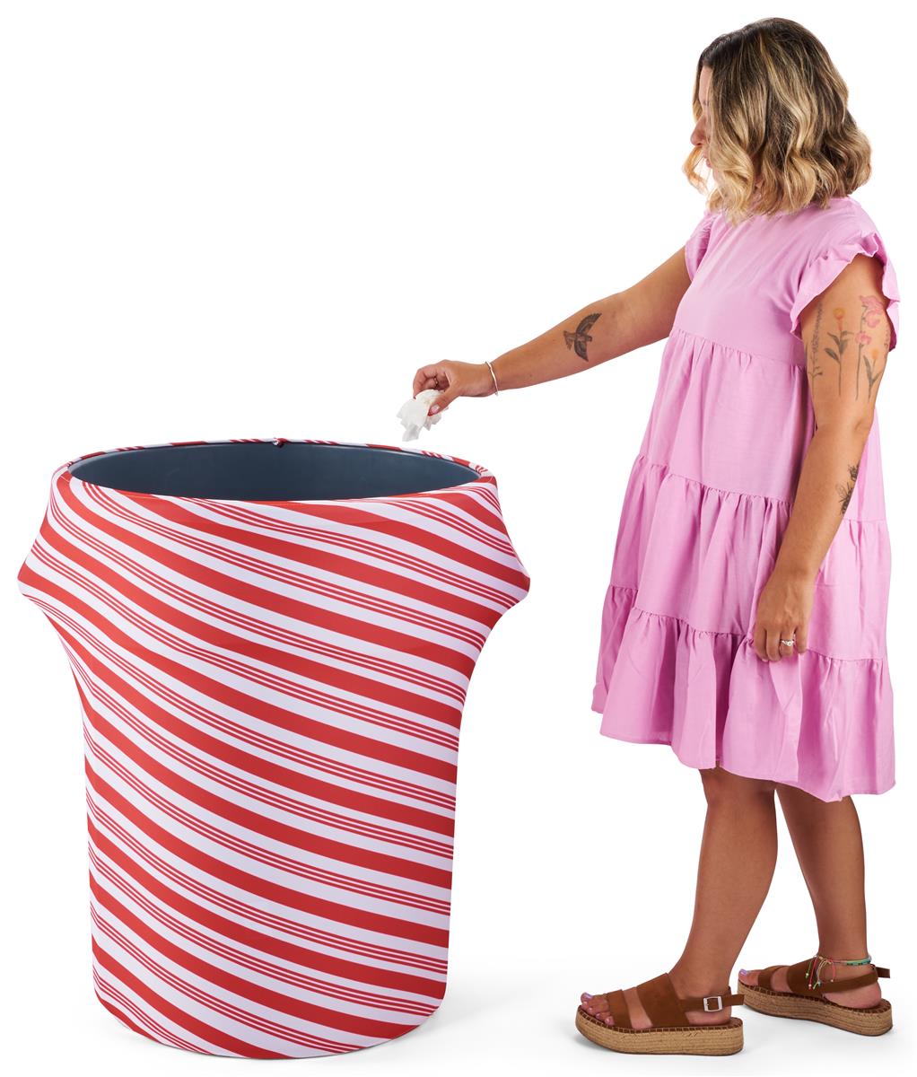 Candy Cane Stretch Trash Can Cover Reusable Spandex Material 