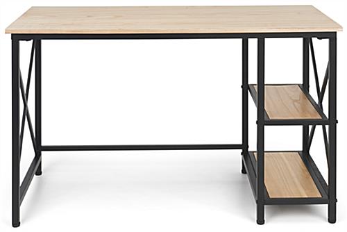 Wood and steel desk with steel foot bar across back