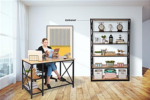 Wood and steel desk with matching shelving unit designs