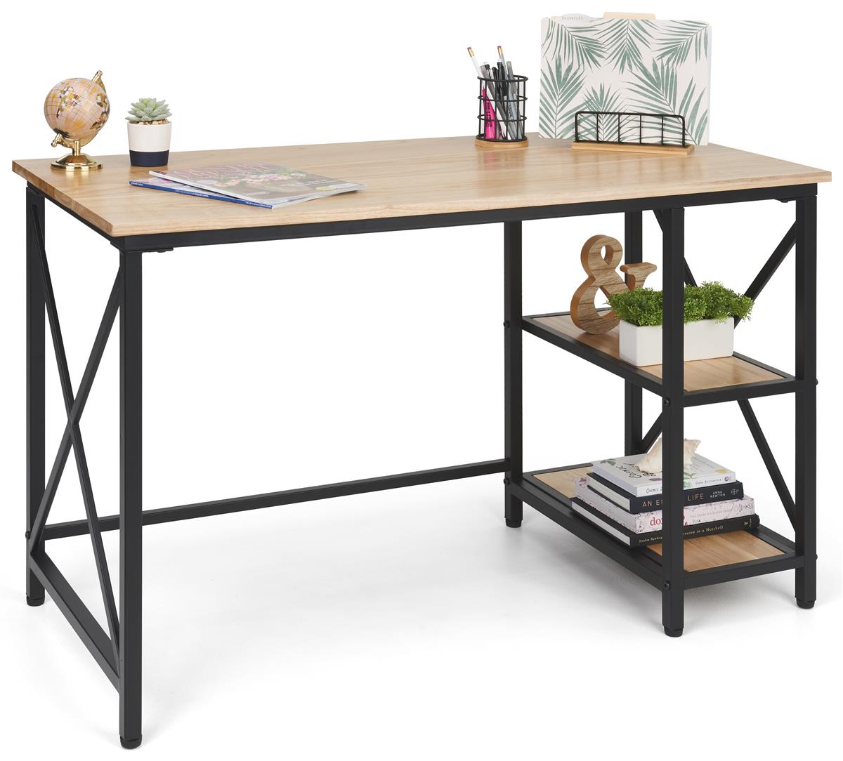 Wood And Steel Desk | Two Shelves For Extra Storage