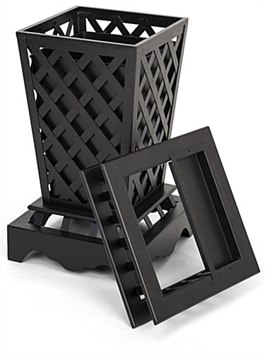 Open top outdoor garbage can has a black powder coated finish