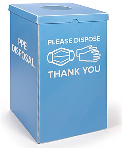 Blue and White PPE corrugated plastic trash bin with stock graphic
