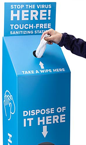 Printed sanitizer wipe floor station with convenient dispenser area