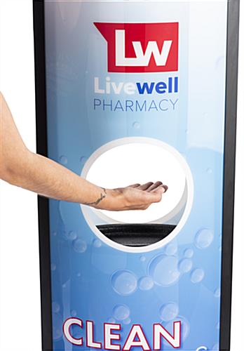 Automatic hand sanitizer advertising kiosk with built-in drip well