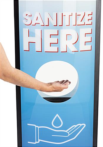 Blue and white sanitize here touchless dispenser