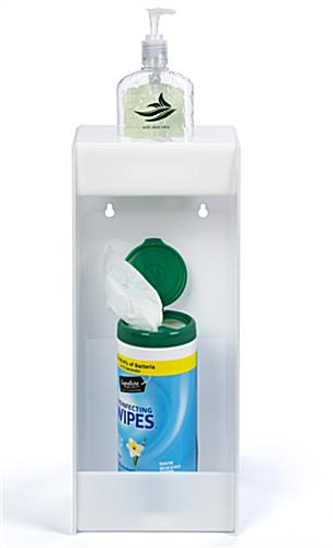 Wall mounted hygiene supply station with wipe dispenser area