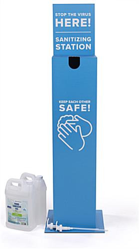 Cardboard sanitizer stand with pump gel dispenser and two gallon jugs