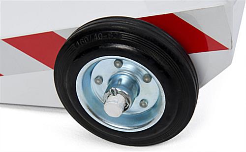 This dual retractable belt barrier has (2) 6 inch wheels