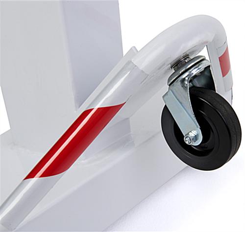 This dual retractable belt barrier has one 3 inch wheel