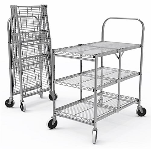 Collapsible metal service cart with three shelves