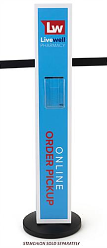 Personalized stanchion signage with literature pocket with overall height of 50 inches