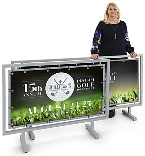 Outdoor restaurant partition with custom banner offered in two sizes
