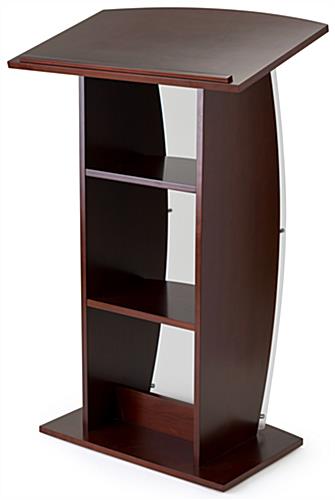 Curved acrylic mahogany pulpit with wooden shelves