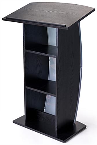 Contemporary curved lectern with custom panel and 2 built-in shelves
