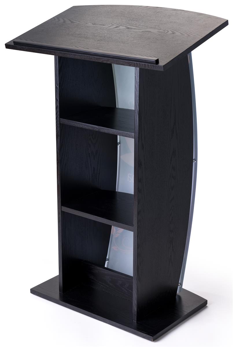 Contemporary curved lectern with custom panel and 2 built-in shelves