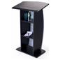 Contemporary curved lectern with custom panel and shelves for presentation essentials
