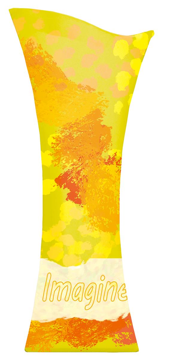 Custom printed asymmetrical funnel with bright yellow and orange graphics