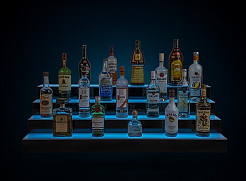 LED lighted liquor bottle bar shelves with soft glow