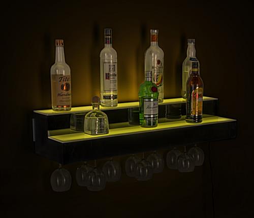 LED illuminated liquor shelves with 12 hour rechargeable battery
